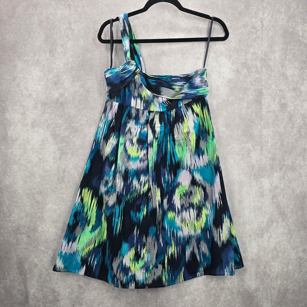 Ann Taylor Blue Green Thick One Shoulder Mini Midi Flare Abstract‎ Dress XS 2